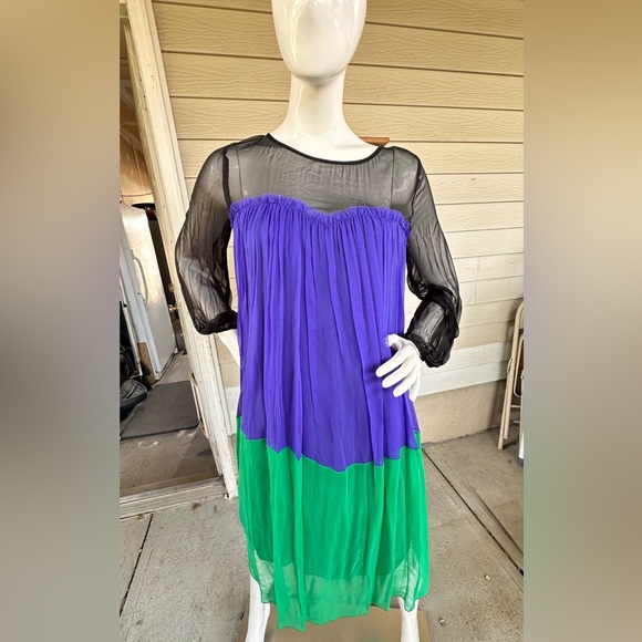 Nikki West Dresses & Skirts - Elegant Purple and Green Dress with Sheer Black sleeves